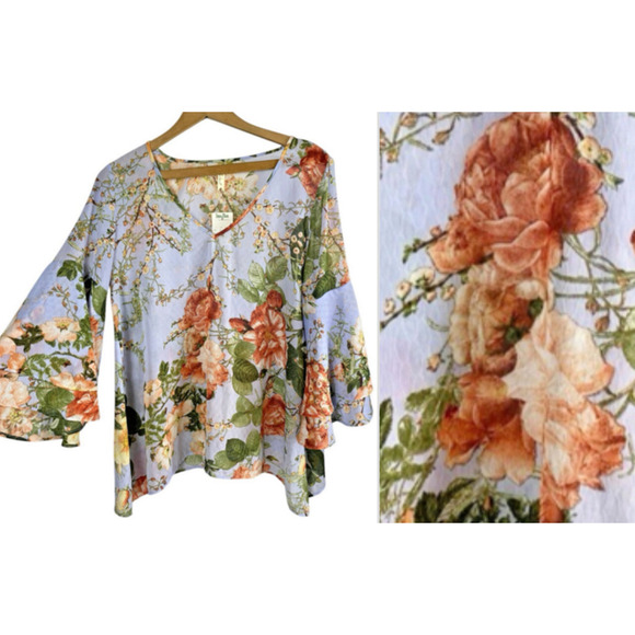 Chenault Tops - Chenault Blouse Top Light Blue Romantic Rose Floral Bell Sleeve Cottage Large